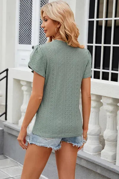 Eyelet V-Neck Petal Sleeve T-Shirt Women's T-Shirts - Tophatter Daily Deals